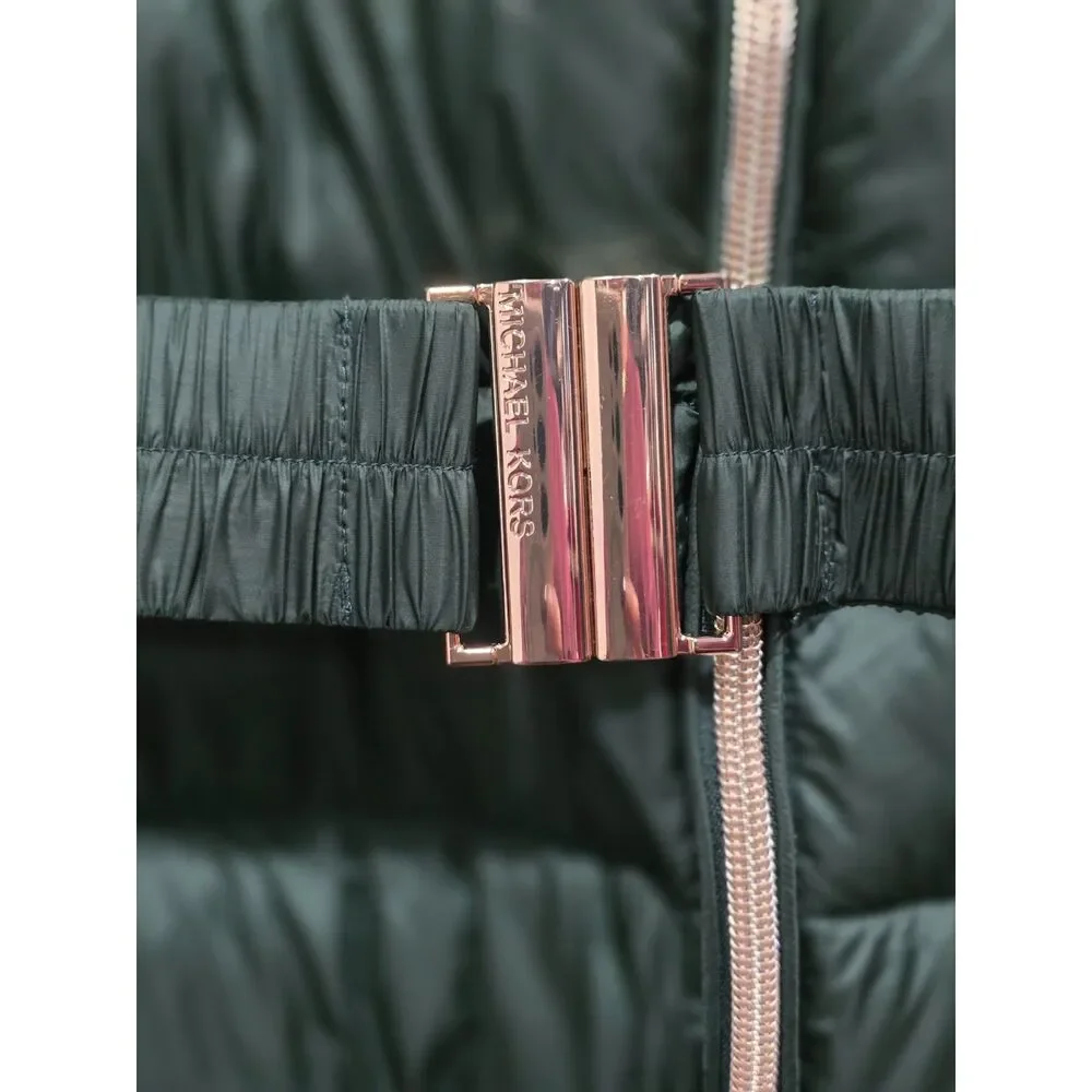 Michael Kors Green Longline Belted Puffer Coat Removable Faux Fur Collar Size M - Picture 9 of 16